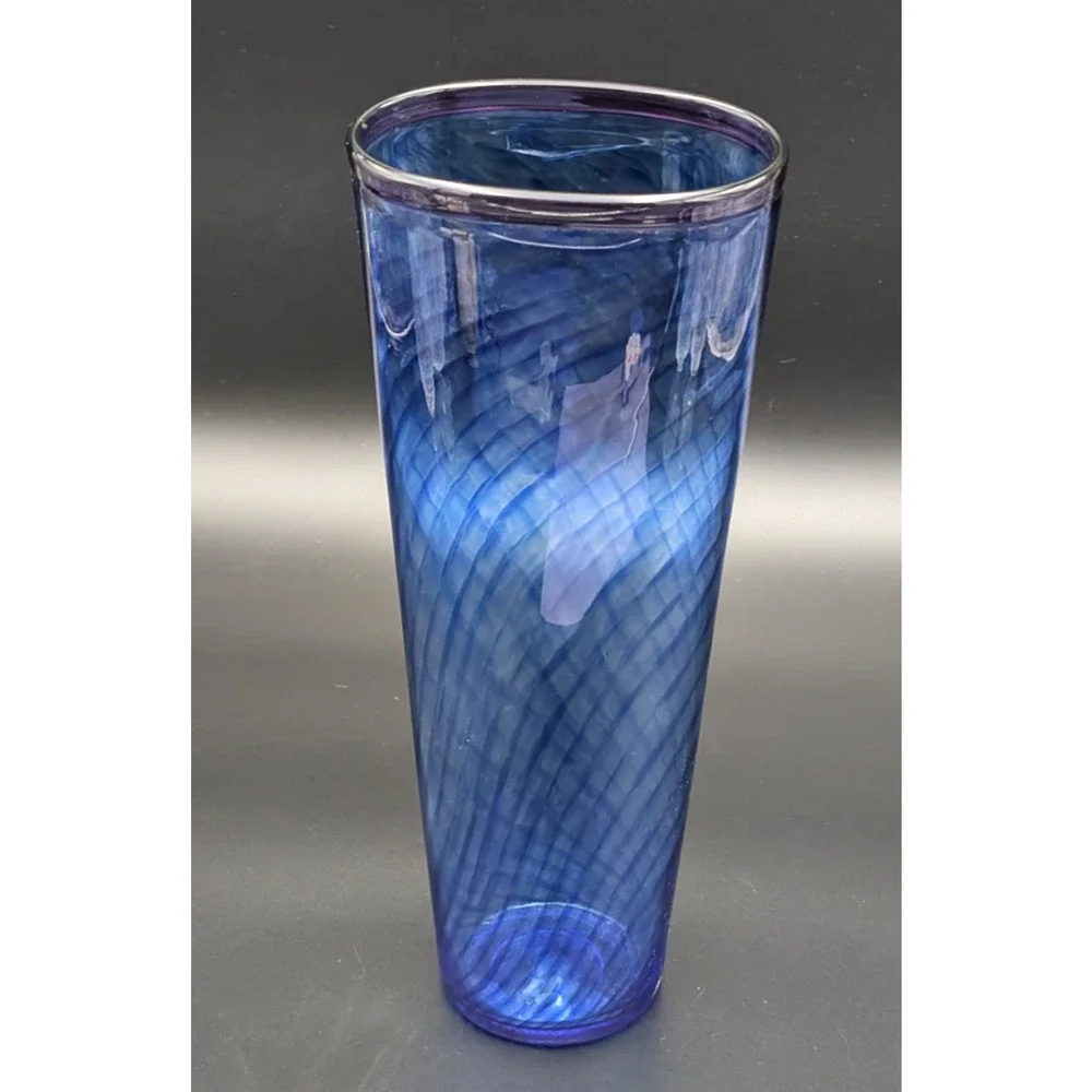 Curtiss Brock Studio CB Glass Blue Purple Spiral Swirl Optic Vase 14.25
